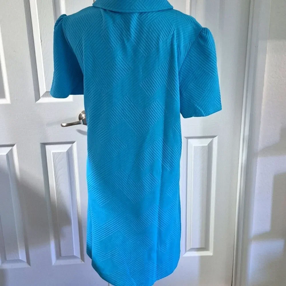 Cute Casual Colorful Work Wear Collared Texture Blue Women's Dress